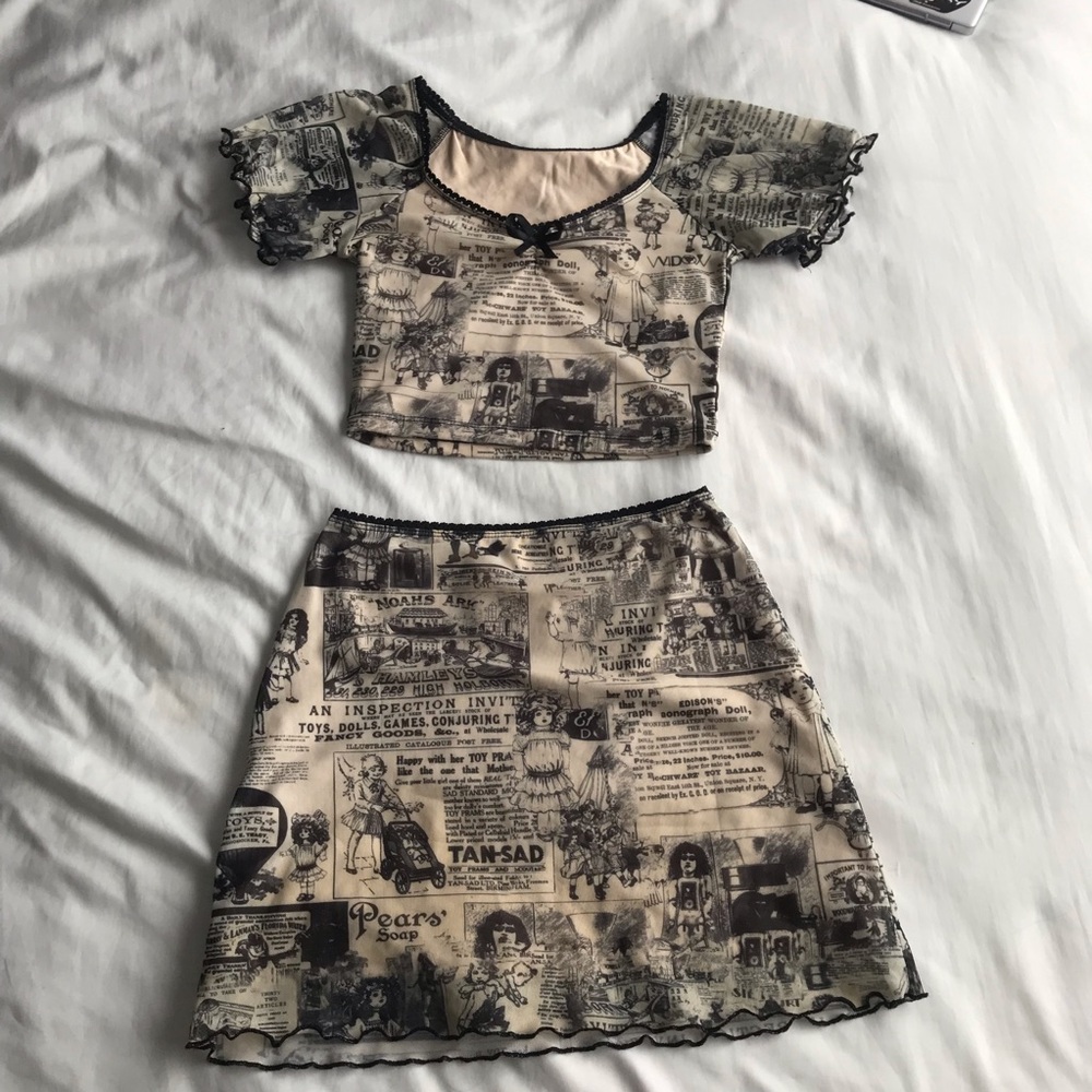 Newspaper Print Crop Top and Skirt Set